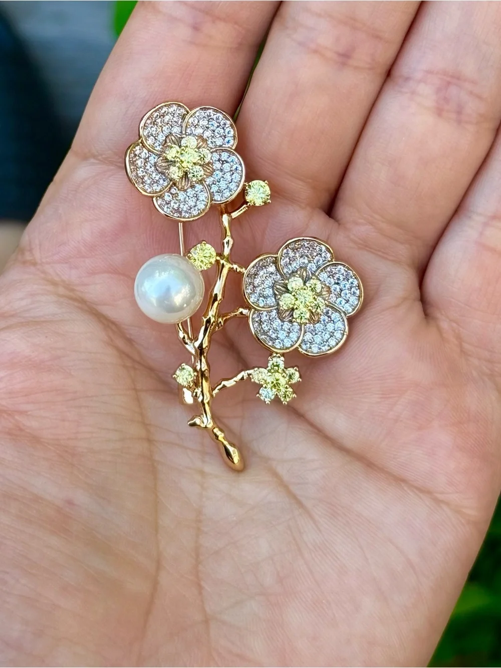 Gold Floral Pearl Brooch with Yellow Crystal Accents